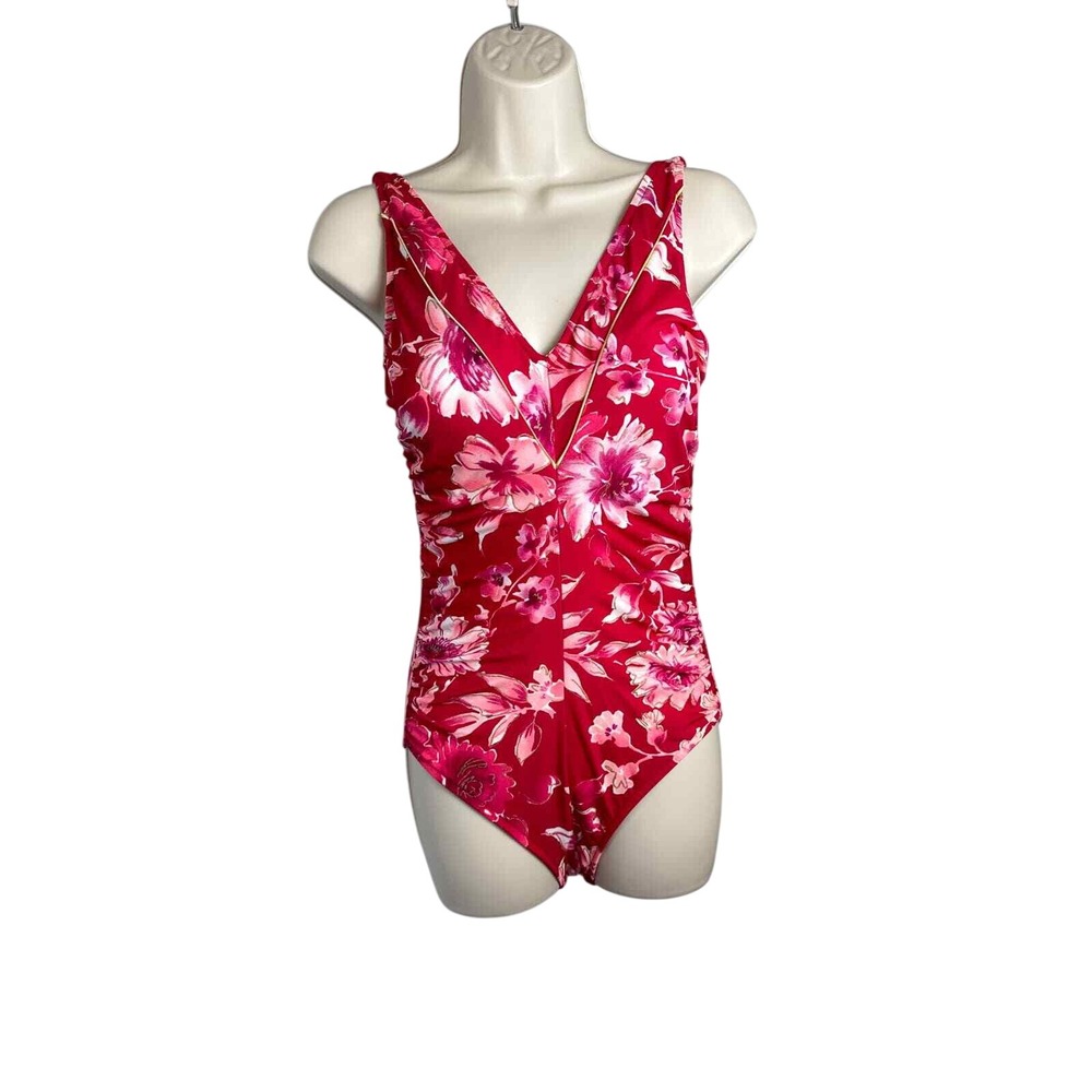 Gabar Womens Red Pink Floral One Piece Swimsuit V-Neck Ruched Gold Trim Vintage